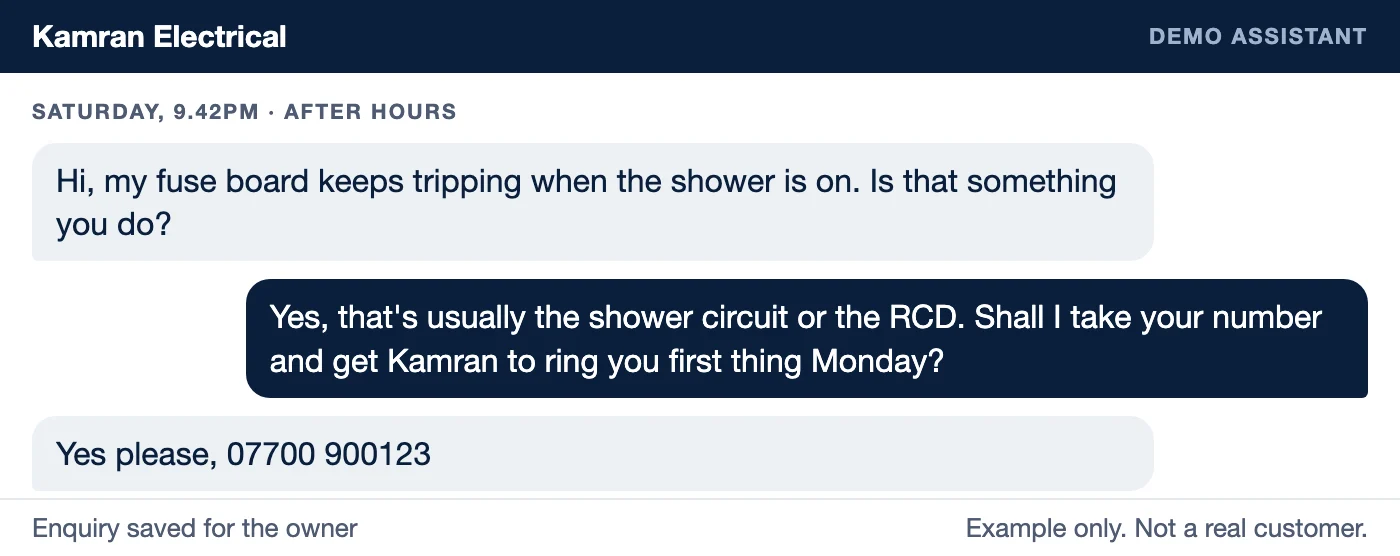 Example chat, labelled as a demo: a customer asks about a fuse board tripping on a Saturday night and the assistant takes their number for a Monday call