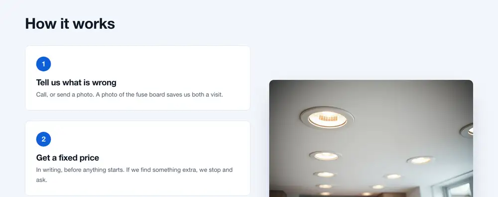 The 'How it works' section of a demonstration website for an invented Luton electrician: numbered steps