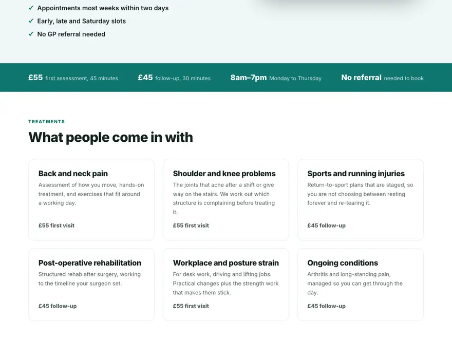 Example website for an invented Luton physiotherapy clinic: prices and the treatments grid