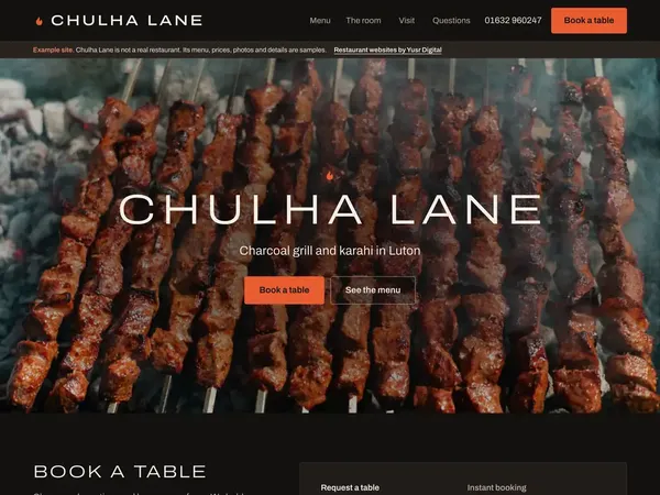 Example website for an invented Luton restaurant, Chulha Lane