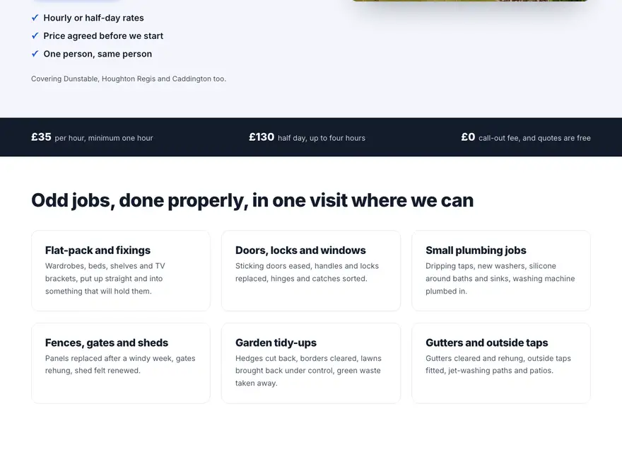 Example website for an invented Luton handyman: the price strip and the list of jobs