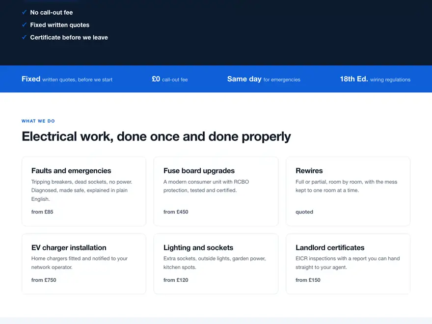Example website for an invented Luton electrician: the services grid with prices
